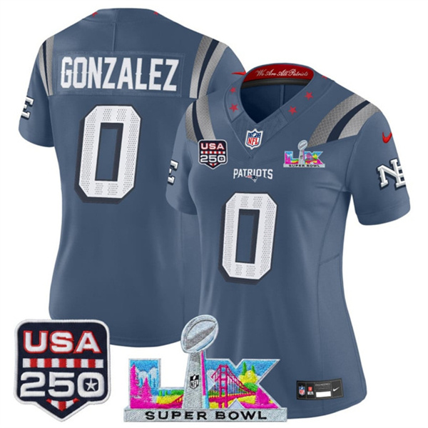 Personalized Women’s New England Patriots #0 Christian Gonzalez Storm Blue 2025 F.U.S.E. Super Bowl LX & USA 250′ Patch Rivalries Limited Football Stitched Jersey(Run Small)