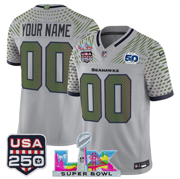 Personalized Men’s Seattle Seahawks Active Player Gray 2025 F.U.S.E. Super Bowl LX & US 250th anniversary Patch And 50th Season Patch Rivalries Limited Football Stitched Jersey