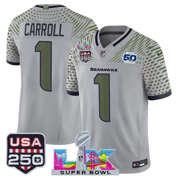Personalized Men’s Seattle Seahawks #1 Pete Carroll Gray 2025 F.U.S.E. Super Bowl LX & US 250th anniversary Patch And 50th Season Patch Rivalries Limited Football Stitched Jersey