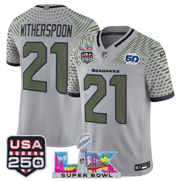 Personalized Men’s Seattle Seahawks #21 Devon Witherspoon Gray 2025 F.U.S.E. Super Bowl LX & US 250th anniversary Patch And 50th Season Patch Rivalries Limited Football Stitched Jersey