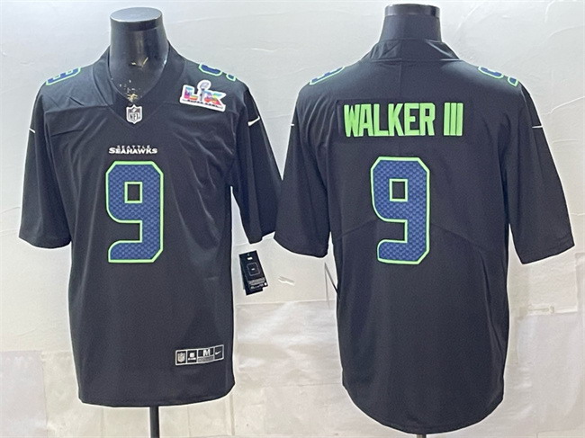 Personalized Men’s Seattle Seahawks #9 Kenneth Walker III Black 2025 Super Bowl LX Patch Carbon Fashion Untouchable Limited Stitched Football Jersey