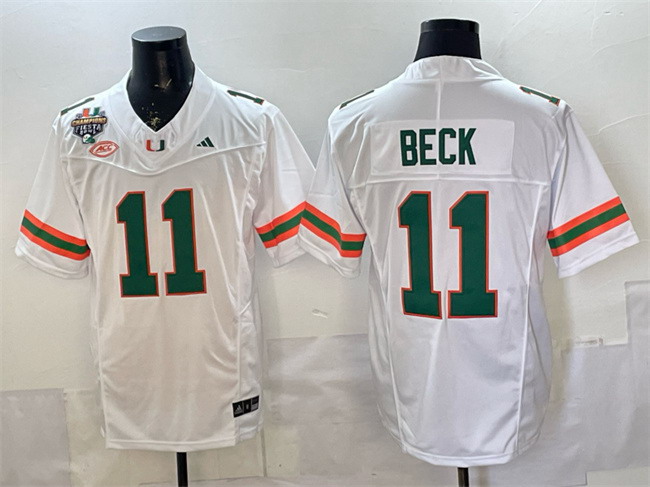 Personalized Men’s Miami Hurricanes #11 Carson Beck White F.U.S.E. 2026 Fiesta Bowl Champions Patch Stitched Football Jersey