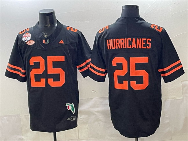 Personalized Men’s Miami Hurricanes #25 Hurricanes Black F.U.S.E. Fiesta Bowl Champions & Florida Patch Stitched Football Jersey