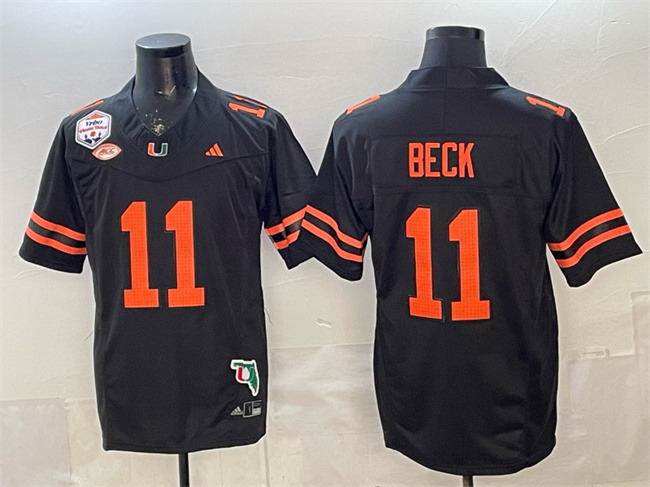 Personalized Men’s Miami Hurricanes #11 Carson Beck Black F.U.S.E. Fiesta Bowl Champions & Florida Patch Stitched Football Jersey