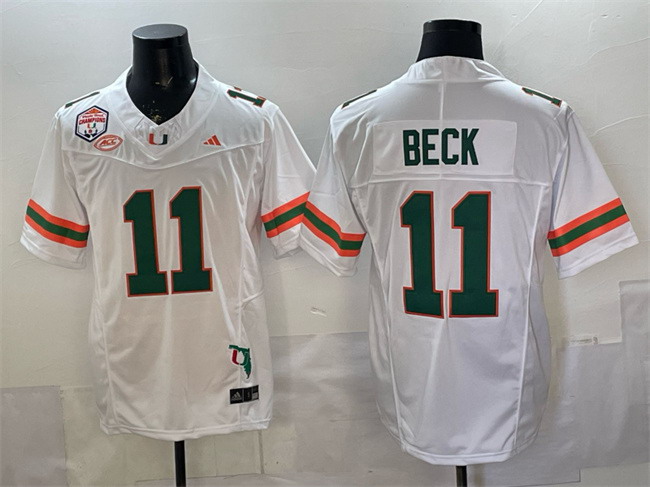 Personalized Men’s Miami Hurricanes #11 Carson Beck White F.U.S.E. Fiesta Bowl Champions & Florida Patch Stitched Football Jersey