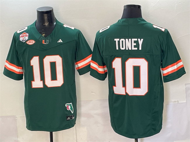 Personalized Men’s Miami Hurricanes #10 Malachi Toney Green F.U.S.E. Fiesta Bowl Champions & Florida Patch Stitched Football Jersey