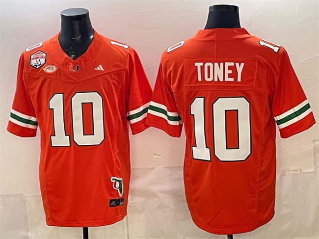 Personalized Men’s Miami Hurricanes #10 Malachi Toney Orange F.U.S.E. Fiesta Bowl Champions & Florida Patch Stitched Football Jersey