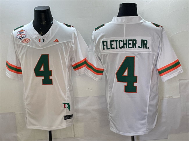 Personalized Men’s Miami Hurricanes #4 Mark Fletcher Jr. White F.U.S.E. Fiesta Bowl Champions & Florida Patch Stitched Football Jersey