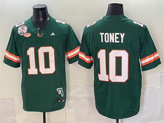 Personalized Men’s Miami Hurricanes #10 Malachi Toney Green F.U.S.E. The Fiesta Bowl Champions & Florida Patch Stitched Football Jersey