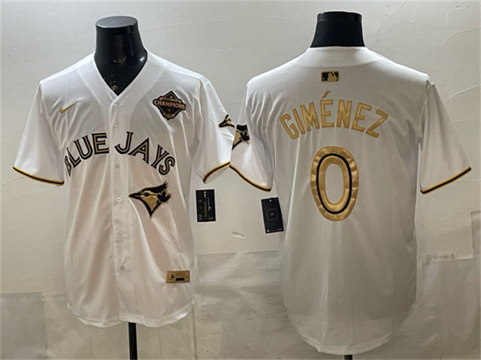 Personalized Men’s Toronto Blue Jays #0 Andres Gimenez White Gold 2025 American League Champions Limited Stitched Baseball Jersey