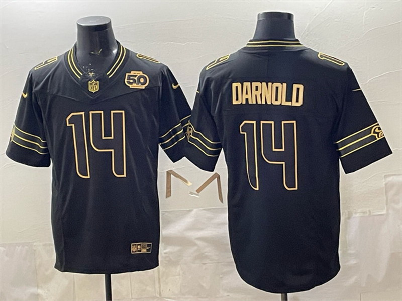 Personalized Men’s Seattle Seahawks #14 Sam Darnold Black Gold 2025 F.U.S.E. 50th Season Patch Limited Stitched Football Jersey