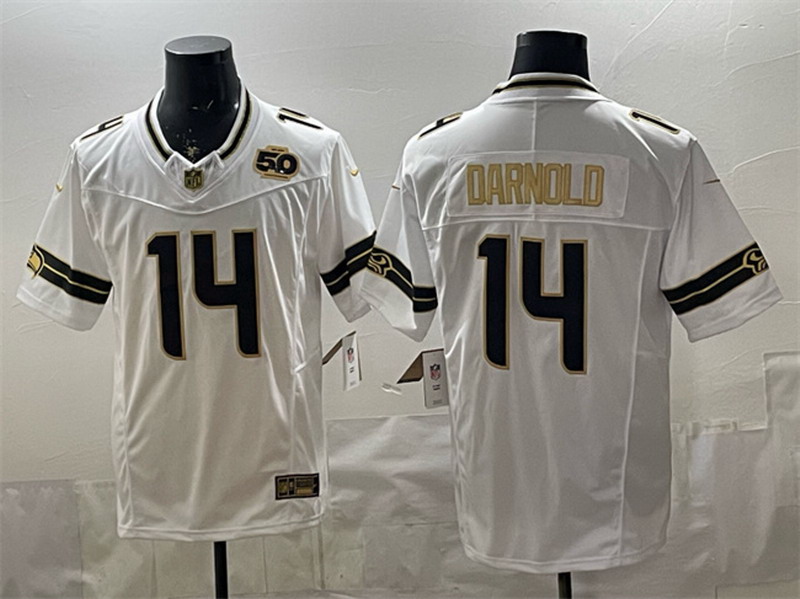 Personalized Men’s Seattle Seahawks #14 Sam Darnold White Gold 2025 F.U.S.E. 50th Season Patch Limited Stitched Football Jersey