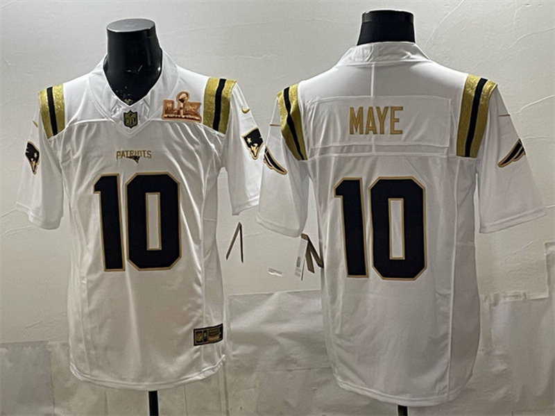 Personalized Men’s New England Patriots #10 Drake Maye White Gold 2025 F.U.S.E. Super Bowl LX Patch Limited Stitched Football Jersey