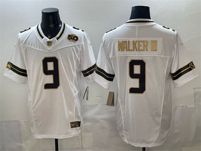 Personalized Men’s Seattle Seahawks #9 Kenneth Walker III White Gold 2025 F.U.S.E. 50th Season Patch Limited Stitched Football Jersey