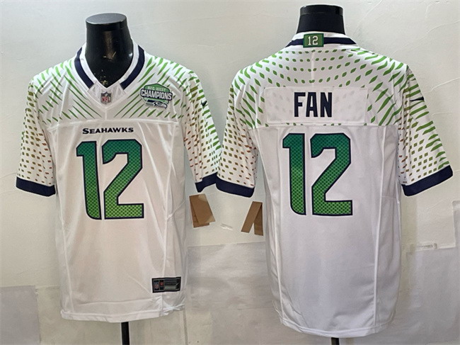 Personalized Men’s Seattle Seahawks #12 Fan White 2025 F.U.S.E. Rivalries NFC West Champions Patch Untouchable Limited Stitched Football Jersey