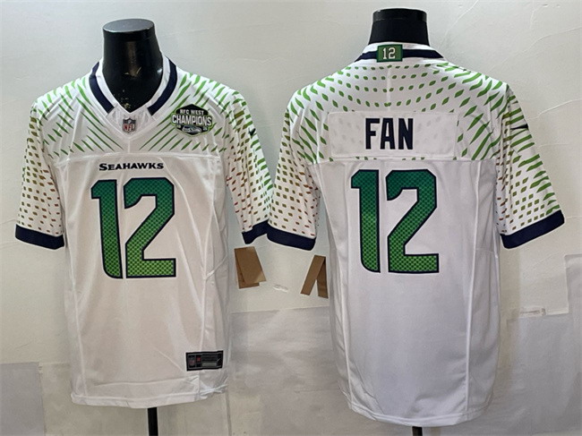 Personalized Men’s Seattle Seahawks #12 Fan White 2025 F.U.S.E. Rivalries NFC West Division Champions Patch Untouchable Limited Stitched Football Jersey