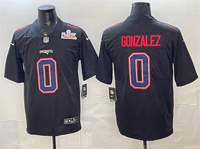 Personalized Men’s New England Patriots #0 Christian Gonzalez Black 2025 Super Bowl LX Patch Carbon Fashion Stitched Football Jersey