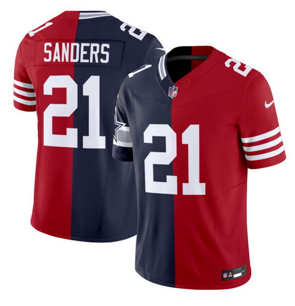 Personalized Men’s Dallas Cowboys X 49ers #21 Deion Sanders Navy Red Split F.U.S.E. Limited Stitched Jersey