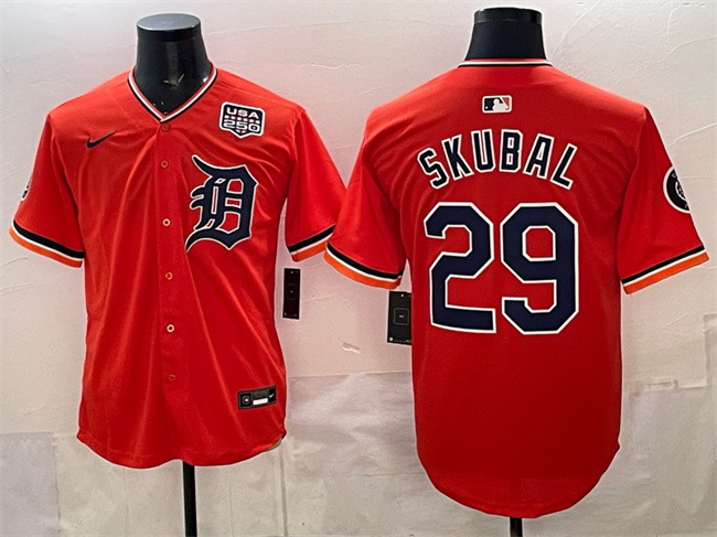 Personalized Men’s Detroit Tigers #29 Tarik Skubal Orange 2026 Alternate USA 250′ Patch Premier Limited Stitched Baseball Jersey