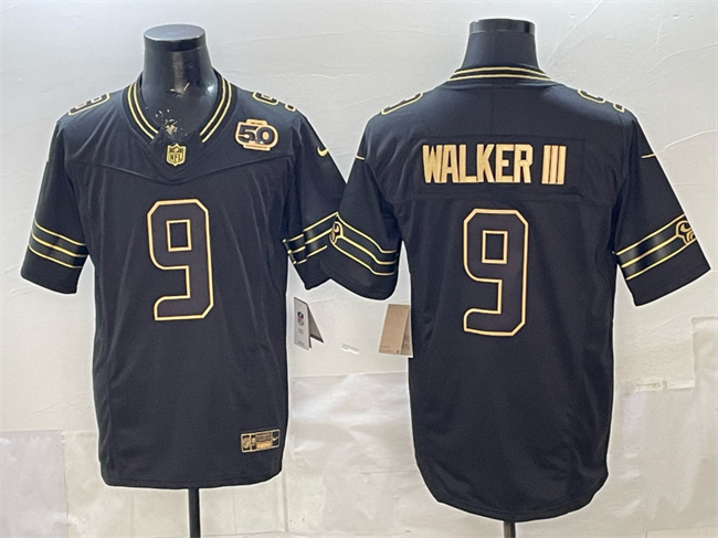 Personalized Men’s Seattle Seahawks #9 Kenneth Walker III Black Gold 2025 F.U.S.E. 50th Season Patch Limited Stitched Football Jersey