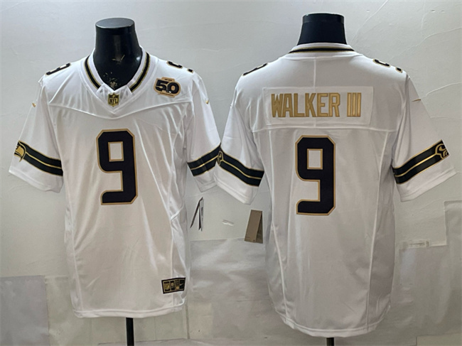 Personalized Men’s Seattle Seahawks #9 Kenneth Walker III White Gold 2025 F.U.S.E. 50th Season Patch Limited Stitched Football Jersey