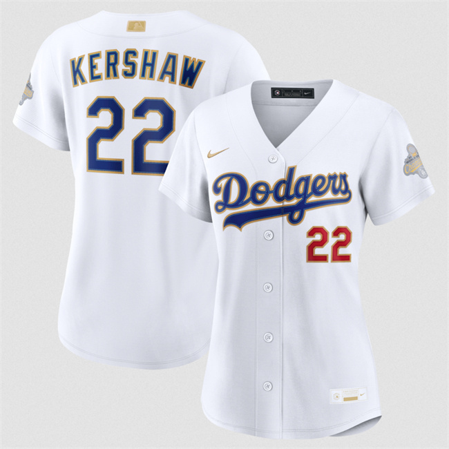 Personalized Women’s Los Angeles Dodgers #22 Clayton Kershaw White 2026 Gold Collection Stadium Stitched Baseball Jersey(Run Small)