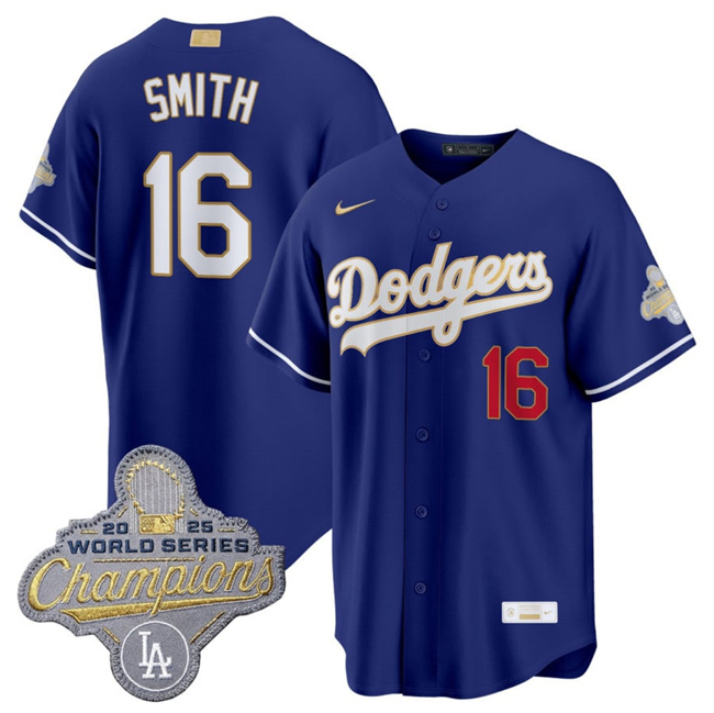 Personalized Men’s Los Angeles Dodgers #16 Will Smith Royal 2026 Alternate Gold Collection Stadium Stitched Baseball Jersey