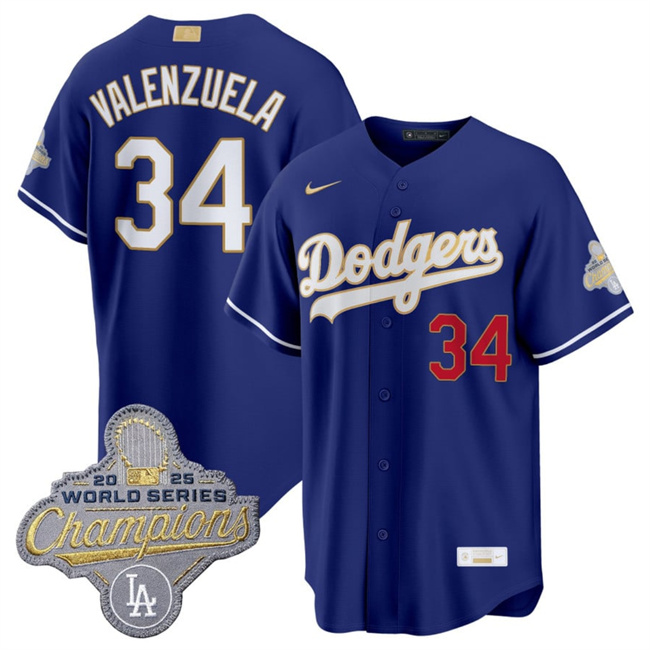 Personalized Men’s Los Angeles Dodgers #34 Fernando Valenzuela Royal 2026 Alternate Gold Collection Stadium Stitched Baseball Jersey