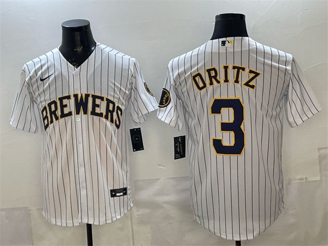 Personalized Men’s Milwaukee Brewers #3 Joey Ortiz White Pinstripe 2025 With Patch Stitched Baseball Jersey