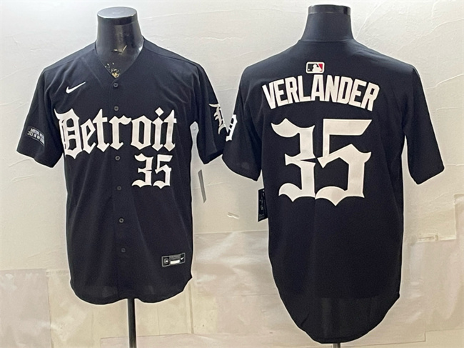Personalized Men’s Detroit Tigers #35 Justin Verlander Black ‘Motor Gothic Edition’ Premier Limited Stitched Baseball Jersey