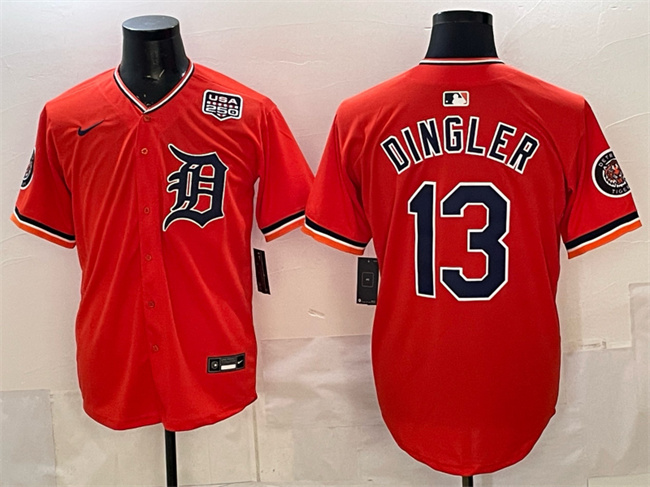Personalized Men’s Detroit Tigers #13 Dillon Dingler Orange 2026 Alternate USA 250′ Patch Premier Limited Stitched Baseball Jersey