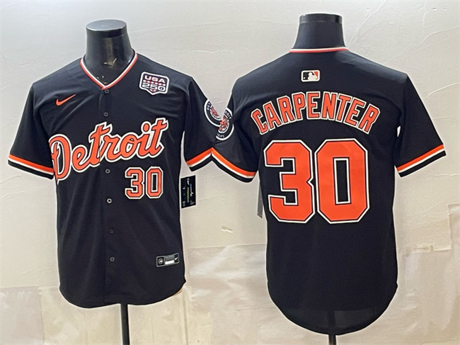Personalized Men’s Detroit Tigers #30 Kerry Carpenter Black 2026 Alternate USA 250′ Patch Premier Limited Stitched Baseball Jersey