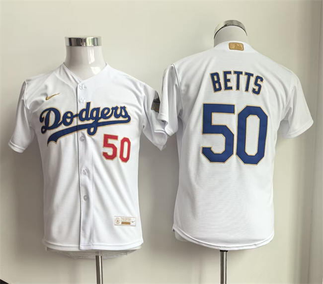 Personalized Youth Los Angeles Dodgers #50 Mookie Betts White Gold Collection Stadium Stitched Baseball Jersey