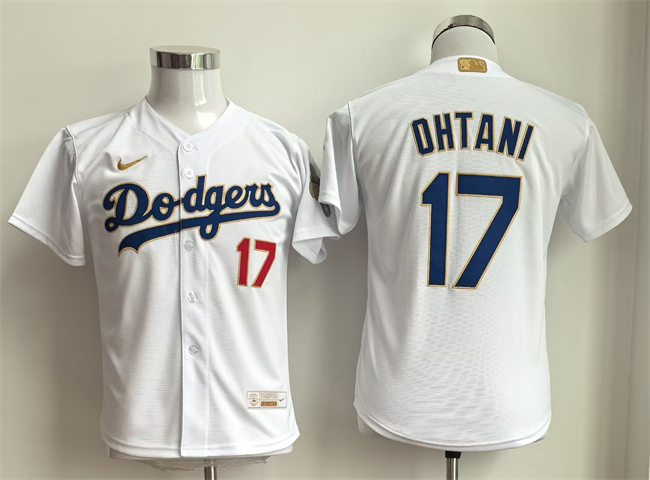 Personalized Youth Los Angeles Dodgers #17 Shohei Ohtani White Gold Collection Stadium Stitched Baseball Jersey