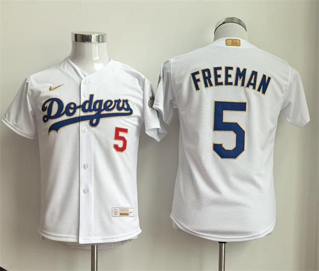 Personalized Youth Los Angeles Dodgers #5 Freddie Freeman White Gold Collection Stadium Stitched Baseball Jersey