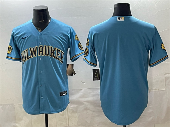 Personalized Men’s Milwaukee Brewers Blank Blue With Home & Bob Uecker Patch Stitched Baseball Jersey
