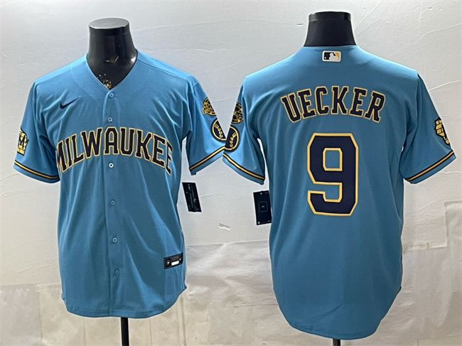 Personalized Men’s Milwaukee Brewers #9 Bob Uecker Blue With Home & Bob Uecker Patch Stitched Baseball Jersey
