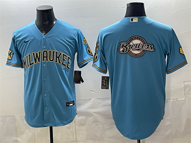 Personalized Men’s Milwaukee Brewers Team Big Logo Blue With Home & Bob Uecker Patch Stitched Baseball Jersey