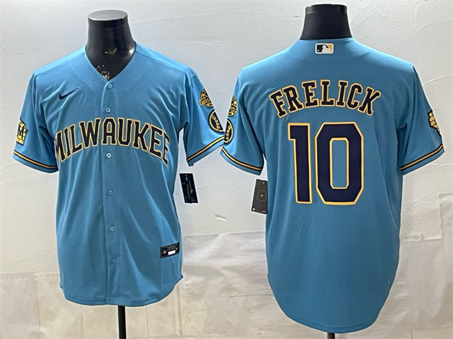 Personalized Men’s Milwaukee Brewers #10 Sal Frelick Blue With Home & Bob Uecker Patch Stitched Baseball Jersey
