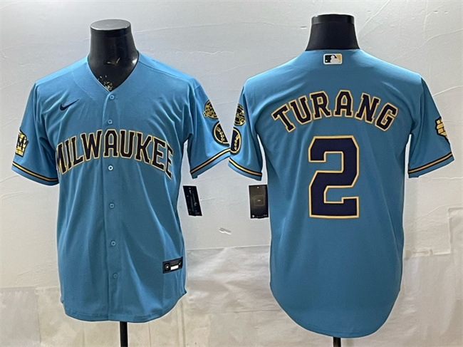 Personalized Men’s Milwaukee Brewers #2 Brice Turang Blue With Home & Bob Uecker Patch Stitched Baseball Jersey