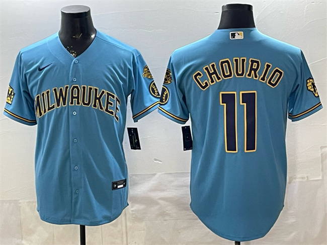 Personalized Men’s Milwaukee Brewers #11 Jackson Chourio Blue With Home & Bob Uecker Patch Stitched Baseball Jersey