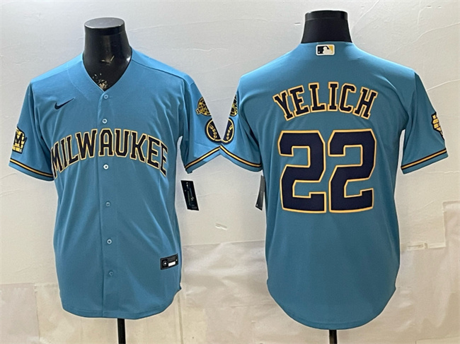 Personalized Men’s Milwaukee Brewers #22 Christian Yelich Blue With Home & Bob Uecker Patch Stitched Baseball Jersey