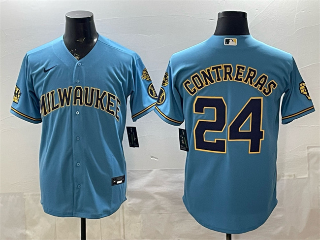 Personalized Men’s Milwaukee Brewers #24 William Contreras Blue With Home & Bob Uecker Patch Stitched Baseball Jersey