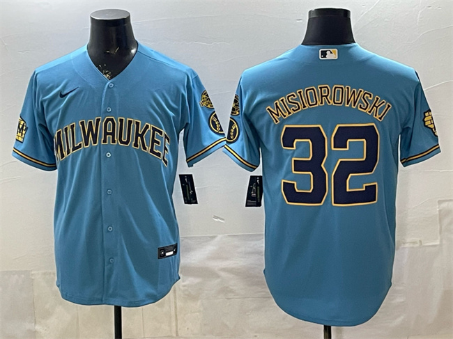 Personalized Men’s Milwaukee Brewers #32 Jacob Misiorowski Blue With Home & Bob Uecker Patch Stitched Baseball Jersey
