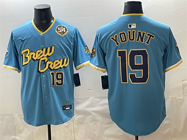 Personalized Men’s Milwaukee Brewers #19 Robin Yount Powder Blue City Connect With Home & Bob Uecker Patch Limited Stitched Baseball Jersey