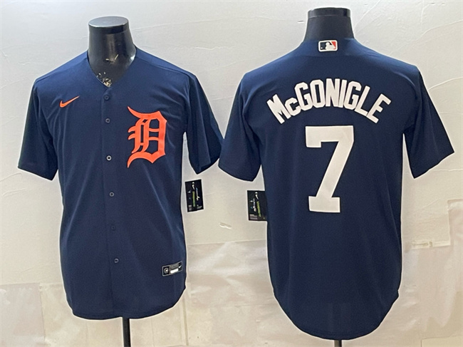 Personalized Men’s Detroit Tigers #7 Kevin McGonigle Navy Cool Base Stitched Baseball Jersey