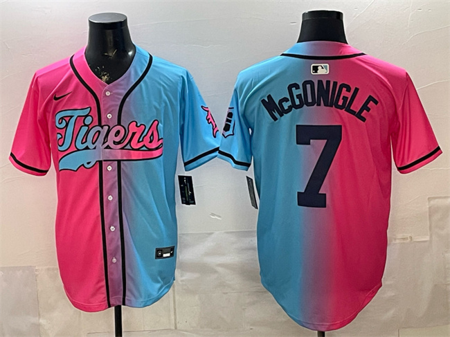 Personalized Men’s Detroit Tigers #7 Kevin McGonigle Pink Blue Limited Stitched Baseball Jersey