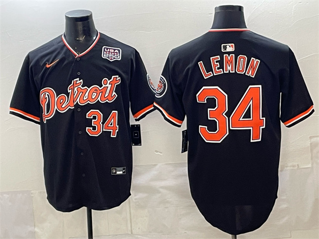 Personalized Men’s Detroit Tigers #34 Chet Lemon Black 2026 Alternate USA 250′ Patch Premier Limited Stitched Baseball Jersey
