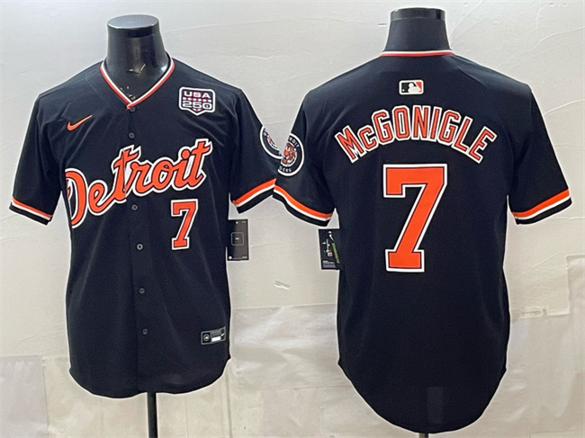 Personalized Men’s Detroit Tigers #7 Kevin McGonigle Black 2026 Alternate USA 250′ Patch Premier Limited Stitched Baseball Jersey
