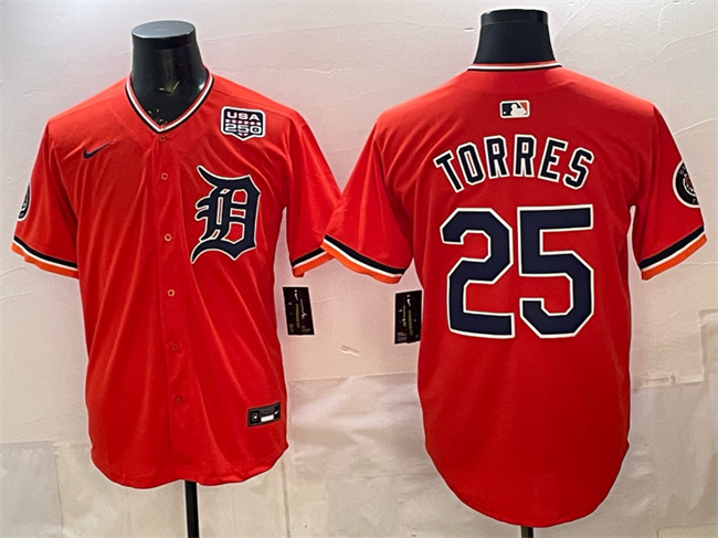 Personalized Men’s Detroit Tigers #25 Gleyber Torres Orange 2026 Alternate USA 250′ Patch Premier Limited Stitched Baseball Jersey